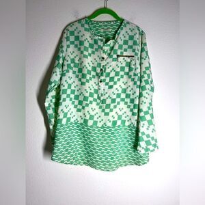 Zara Collection Checkerboard Bohemian Blouse Tunic Size M Green White